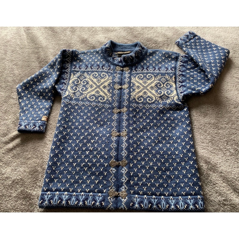 Nordstrikk Cardigan Nordic Sweater Medium Wool Blue Lagenlook Pewter Clasp s63